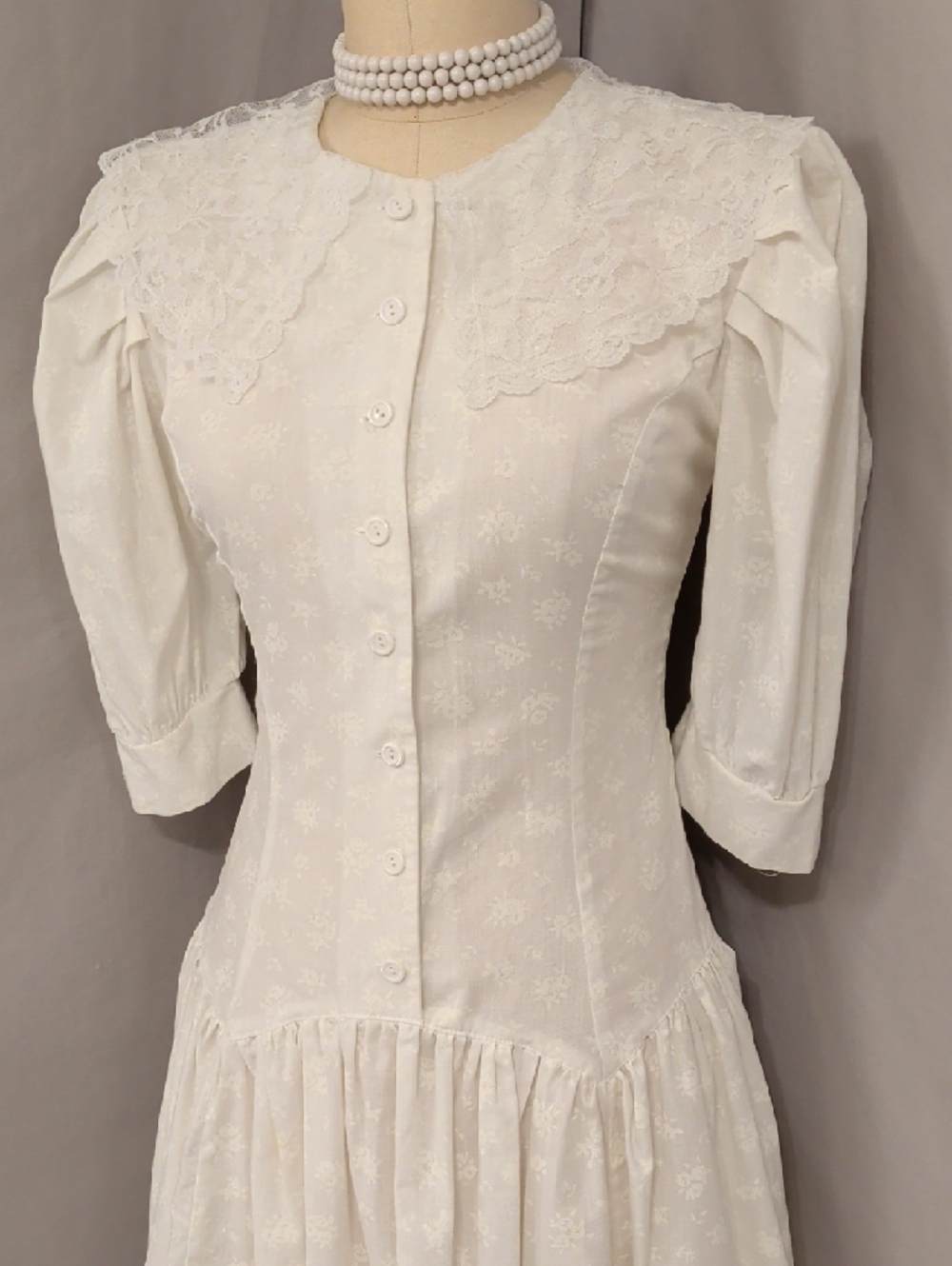 Vintage Classic White Lace Trim Midi Dress Feminine Drop Waist & Puff Sleeves - Picture 2 of 13
